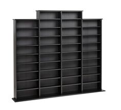 two black bookcases with shelves on each side and one empty shelf in the middle