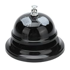 a black bell with silver accents on it's top and the bell has been turned upside down