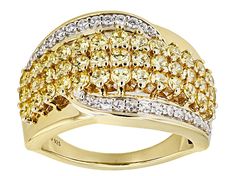 Bella Luce® yellow and white diamond simulant 2.50ctw round, Eterno™ 18k yellow gold over sterling silver ring. Measures approximately 0.94" L x 0.56" W and is not sizable. Diamond equivalent weight is 1.51ctw. Fine Jewelry Yellow Round Diamond Ring, Yellow Diamond Ring With Pave Setting, Diamond Simulant, Rocks And Gems, White Diamond, Sterling Silver Ring, Silver Ring, Cuff Bracelets, Sterling Silver Rings