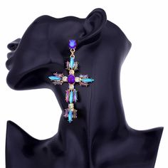 GLAM CROSS EARRINGS Novelty Store, Big Statement Earrings, Crystal Statement Earrings, Big Cross, Large Statement Earrings, Gem Jewelry, Types Of Earrings, Rhinestone Fashion, Gem Earrings