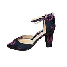 Liz Claiborne Women’s Style: Winnie Brocade Floral Pattern Heels Size 10 M Pumps Ankle Strap Zipper At Back Of Heel Colors: Black Pink Fuchsia Blue Heel Height: 3.75” New Without Tags Box Not Included Ready To Be Shipped To Your Home. Pink Ankle-high Heels For Formal Occasions, Pink Heels With Heel Strap And Medium Width, Pink Heels With Ankle Strap, Pink Ankle-high Heels With 4-inch Heel, Pattern Heels, Floral High Heels, Floral Heels, Blue Heels, Liz Claiborne