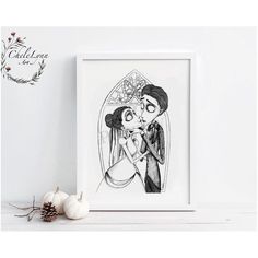 a black and white drawing of two people kissing in front of a wall with pumpkins