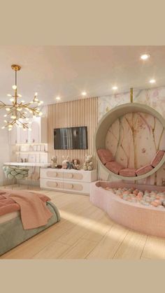 a bedroom with a circular bed in the middle