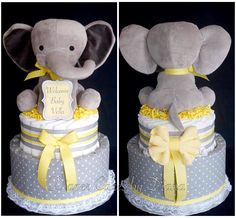 two pictures of a baby shower cake with an elephant on top and yellow ribbon around the bottom