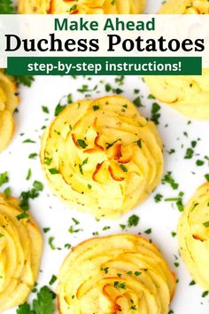 some food that is on top of a white plate with the words make ahead duches potatoes step - by - step instructions