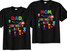 "1 personalized family shirts for Mom or Dad with hero design. This are on black shirts to match the birthday child's birthday theme. These are offered as front only on this listing, but if you are looking for front and back I can do that too, just convo me. These can also be made for other family members or friends too! These are unisex Gildan cotton shirts and fit true to size. HOW TO ORDER : Simply put this information into the \"Notes to Seller\" box or copy and paste it. 1. Shirt 1: Size / Mom And Dad Shirts, Matching Birthday Shirts, Hero Design, Newborn Bodysuit, Family Birthday Shirts, Dad Shirts, Black Shirts, Birthday Tee, Family Birthdays