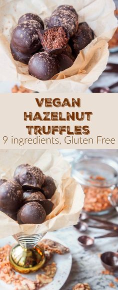 vegan hazelnut truffles with chocolate and nuts in the middle on plates