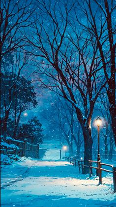 a snowy night in the park with street lights and trees on either side of the path