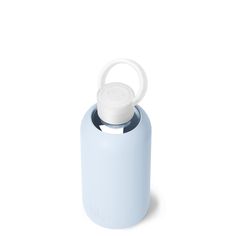 a blue water bottle with a white lid on a white background, it is empty