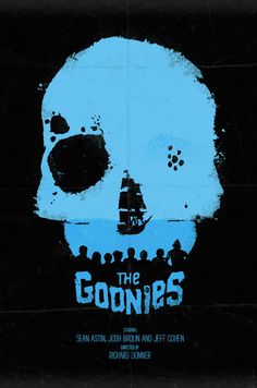 the goonies movie poster with a blue skull on it's face and black background