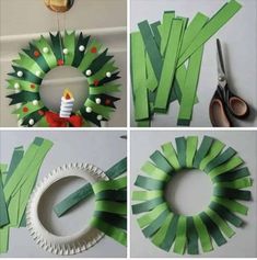 the steps to make a christmas wreath out of strips of green paper and glue are shown