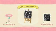 an animal crossing game screen with the moon stone path 10 and other items on it