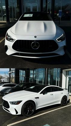 two white cars parked in front of a building next to each other on a parking lot