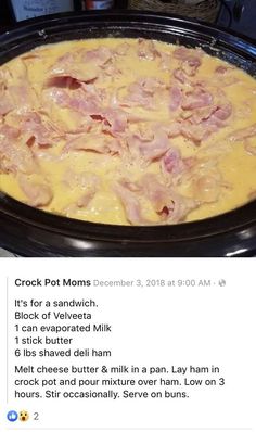 a crock pot with ham and cheese in it