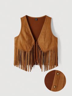 Women's Solid Color Sleeveless Faux Suede Fringe Hem Casual Jacket, Resort Wear,Fall Women Clothes,Halloween Women,Rave Festival Outfits,Concert Women Outfit,70S Outfits,Vintage  Outfits,Renaissance  Outfits,Fall Jacket,Going Out Outfits Brown Boho  Sleeveless Suedette Plain vest Slight Stretch  Women Clothing, size features are:Bust: ,Length: ,Sleeve Length: 70s Fringe Vest Outfit, 70s Outfits Vintage, Western Theme Party Outfit, Rave Festival Outfits, Outfits Concert, Suede Fringe Vest, Autumn Jacket Women, Plain Vest, Outfits 70s