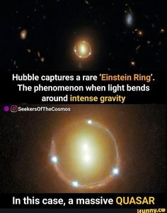 an image of some very bright objects in the dark sky with caption that reads, hubble captures a rare'einstein ring '