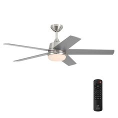 a ceiling fan and remote control on a white background with an image of a silver ceiling fan