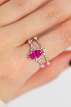 A timeless engagement ring stack featuring a vibrant pink zirconia – perfect for the sophisticated bride-to-be. 💖 #ringstack #engagementring #stackingrings #rings Engagement Ring Stack, Vintage Engagement Ring Settings, Timeless Engagement Ring, Sophisticated Bride