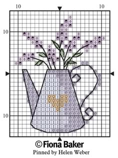 a cross stitch pattern with flowers in a watering can on it's side and the words fiona baker printed by helen webb