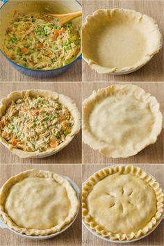 pie crusts and pie pans are shown in four different stages to be made