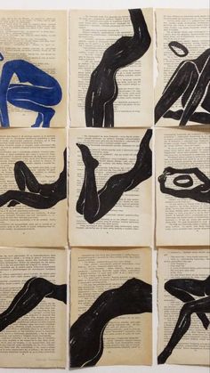 six black and blue images on top of an open book with pages cut into the shape of women's legs