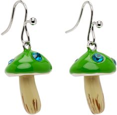 Pair of drop earrings in silver-tone brass. Enameled graphic charm in green with crystals at drop. · Hook fastening · H1.75 Available exclusively at SSENSE. Supplier color: Lime Marni Jewelry, Green Mushroom, Mushroom Earrings, Jewelry Collection, Silver Tone, Stuffed Mushrooms, On Sale, Jewelry Earrings, Women Wear