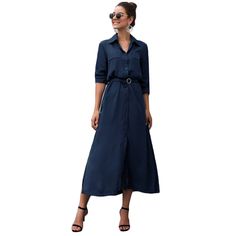 Navy Blue Button Down Split Maxi Shirt Dress Elegant Blue Shirt Dress For Day Out, Blue Button-up Midi Dress For Office, Collared Shirt Dress For Office With Buttons, Office Collared Shirt Dress With Buttons, Collared Shirt Dress With Buttons For Office, Elegant Blue Maxi Dress With Button Closure, Blue Button-up Maxi Dress, Blue Button-up Maxi Dress For Work, Collared Blue Maxi Dress For Spring