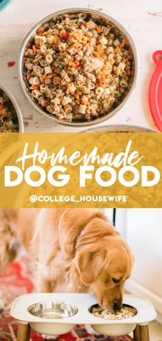 a dog eating food out of a bowl on top of a table with the title, homemade dog food college - housewife