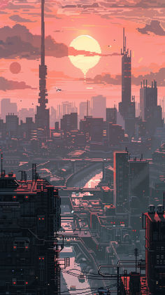 the sun is setting over a city with tall buildings