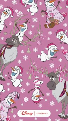 a pink background with snowmen and reindeers on it