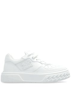 optical white calf leather perforated detailing logo patch to the side round toe front lace-up fastening branded insole chunky rubber sole Chic Logo, Hors Route, Detailing Logo, White Leather Sneakers, White Sneakers Women, Leather Cap, Beach Tote Bags, Sneaker Heels, Sneakers White