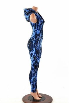 High Stretch Sleeveless Blue Unitard, Blue Sleeveless High Stretch Unitard, Sleeveless High Stretch Blue Unitard, Blue Sleeveless Stretch Unitard, Buring Man, Blue Lightning, Rave Festival, Sleeveless Hoodie, Neon Blue