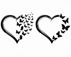 two hearts with butterflies flying out of them, one is black and the other is white