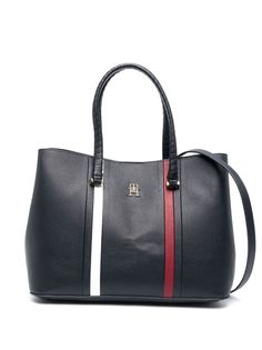 navy blue/white/red pebbled texture monogram plaque gold-tone hardware top zip fastening two top handles adjustable detachable shoulder strap main compartment Navy Top Handle Satchel, Navy Leather Shoulder Bag With Top Carry Handle, Tommy Hilfiger Rectangular Leather Bag, Elegant Tommy Hilfiger Leather Shoulder Bag, Navy Satchel With Top Handle, Navy Shoulder Bag With Detachable Top Handle, Elegant Tommy Hilfiger Leather Bag, Navy Top Handle Shoulder Bag, Navy Top Handle Shoulder Bag With Detachable Handle