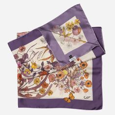 Inspired by my love for gardens and the stunning botanical gardens here in Italy, this scarf features a beautiful floral print that captures the essence of nature’s beauty.The name "Flora" comes from the Latin word for flower, reflecting the vibrant and delicate design of this scarf. It’s ideal for the woman who values timeless style, adding a touch of Italian elegance and natural beauty to any outfit. Details Classic foulard size: Approx. 35" x 35" (90 x 90cm). Once made famous by the likes of Silk Scarves With Floral Print For Spring, Spring Floral Print Scarves As Gifts, Purple Silk Scarf With Floral Print For Spring, Purple Floral Print Silk Scarf For Spring, Elegant Floral Print Silk Scarf, Luxury Silk Scarves With Floral Print, Luxury Silk Floral Print Scarves, Purple Bohemian Scarves With Floral Print, Luxury Purple Silk Scarf