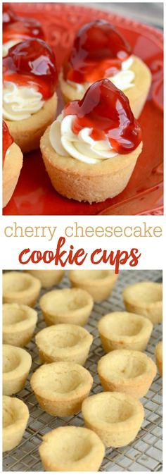 cherry cheesecake cookie cups on a cooling rack and in the background are pictures of cookies with strawberry filling