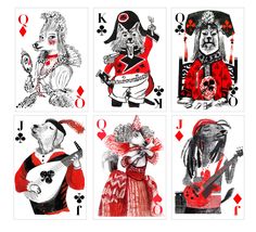 four playing cards with different illustrations of people dressed in costumes and holding musical instruments,