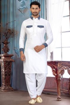 Buy Men's Blended Cotton Solid Pathani Set in White Online Fitted White Cotton Sets, White Fitted Cotton Sets, White Casual Kurta For Eid, Casual White Kurta For Eid, Casual White Fitted Kurta, Muslim Men Clothing, Pathani Suit, Kaftan For Men, Silk Anarkali