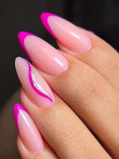 hot pink french tip nails with swirls French Fucsia, Nails Beach Design, Neon Purple Nails, Nails Beach, Barbie Nails