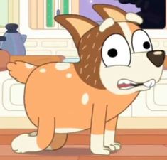 a cartoon dog standing in the middle of a kitchen