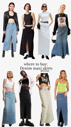 "DIY Distressed Denim Skirt: A Step-by-Step Guide" How To Pair Long Skirts, White Maxi Denim Skirt, Denim Long Skirt Outfit Aesthetic, Blue Denim Maxi Skirt Outfit, Long Denim Skirt Outfits For Summer, Maxi Jean Skirt Outfits Summer, Midi Denim Skirt Outfit Aesthetic, Black Denim Long Skirt Outfit, Demin Maxi Skirt Outfit