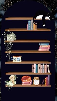 a book shelf filled with lots of books next to a window covered in snow and stars