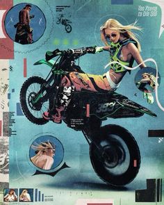 a woman riding on the back of a dirt bike