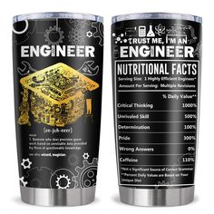 two stainless steel tumblers with the words engineer and nutritional information printed on each one