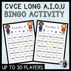 the cvce long a o u bingo activity is shown with two children on it