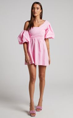 Sula Mini Dress - Asymmetric Off One Shoulder Puff Sleeve Dress in Pink | Showpo USA Dress Wishlist, Mini Casual Dress, Shoulder Puff Sleeve, Short Long Dresses, One Shoulder Mini Dress, Puff Sleeve Dress, Puffed Sleeves Dress, Party Looks, Mini Dress With Sleeves