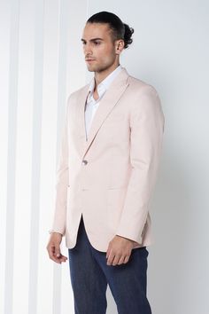 Pink single breasted blazer with welt pocket and patch pockets on the sides.
Component: 1
Neckline: Collar
Sleeve Type: Full
Fabric: Cotton Twill
Color: Pink
Other Details: 
Lapel collar
Buttoned cuffs
Closure: Button front
Note: Shirt, pant, belt and pocket square worn by the model is not for sale
Occasion: Cocktail,Party - Aza Fashions Formal Spring Blazer With Welt Pockets, Formal Cotton Sport Coat With Hidden Button Closure, Formal Cotton Sport Coat With Hidden Button, Semi-formal Cotton Blazer With Suit Collar, Semi-formal Cotton Sport Coat With Single Button, Semi-formal Cotton Sport Coat With Suit Collar, Semi-formal Cotton Suit With Lapel Collar, Formal Cotton Suits With Pockets, Single Button Cotton Blazer For Tailoring