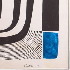 an abstract painting with blue and black lines