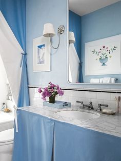 Ideas to take from a renter-friendly blue bathroom transformation. Warehouse Apartment, Sink Skirt, Patterned Bathroom Tiles, Rental Bathroom, Ikea Billy Bookcase Hack, Rental Kitchen, Bathroom Transformation, Ikea Billy Bookcase