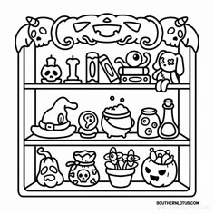 a shelf filled with lots of halloween items in black and white coloring book pages for kids